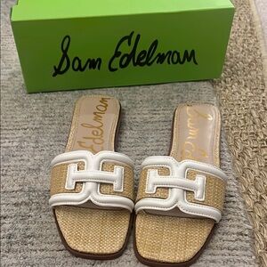 Sam Edelman Tan and White Slide Sandals